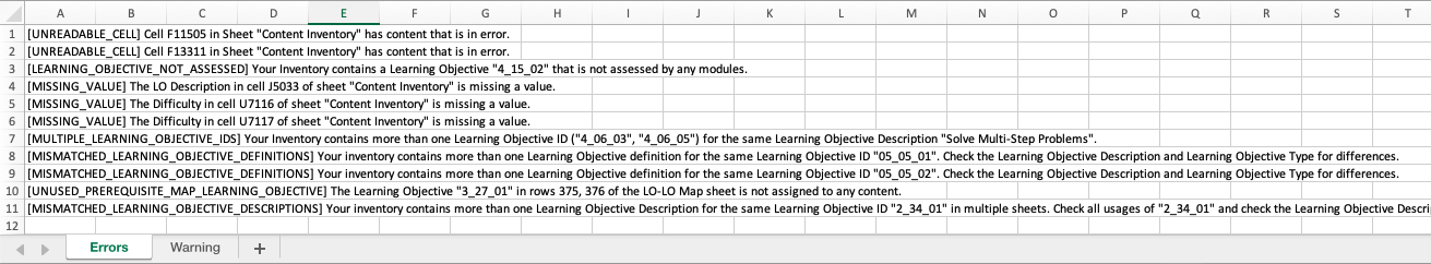 Example of a Content Inventory validation report